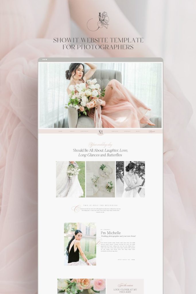 Showit website template in pink and blush colors for the light and airy photographer. 