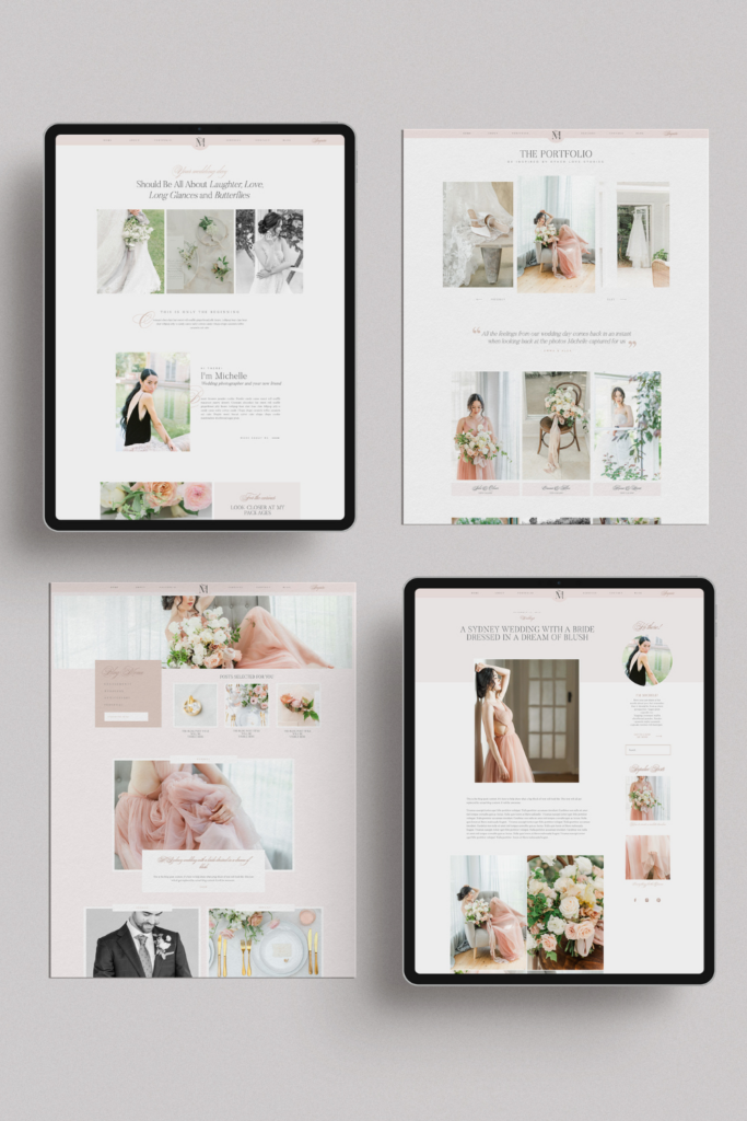 Showit website template in pink and blush colors for the light and airy photographer. 