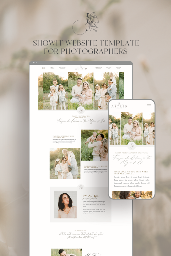 Showit website template for family photographers. With a soft color and a sophisticated design, this Showit website will work for family photographers in a light and airy style.