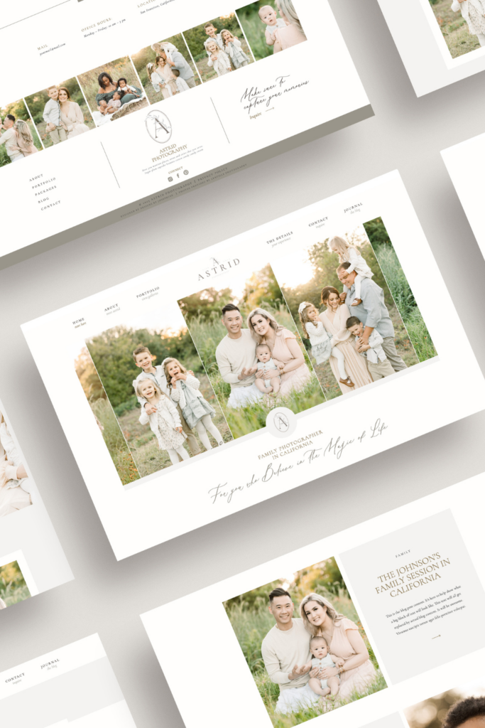Showit website template for family photographers. With a soft color and a sophisticated design, this Showit website will work for family photographers in a light and airy style.