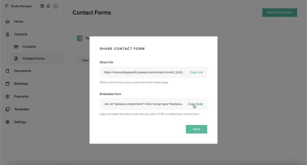 How to generate your Pixsiset Studio Manager contact form and collect the code