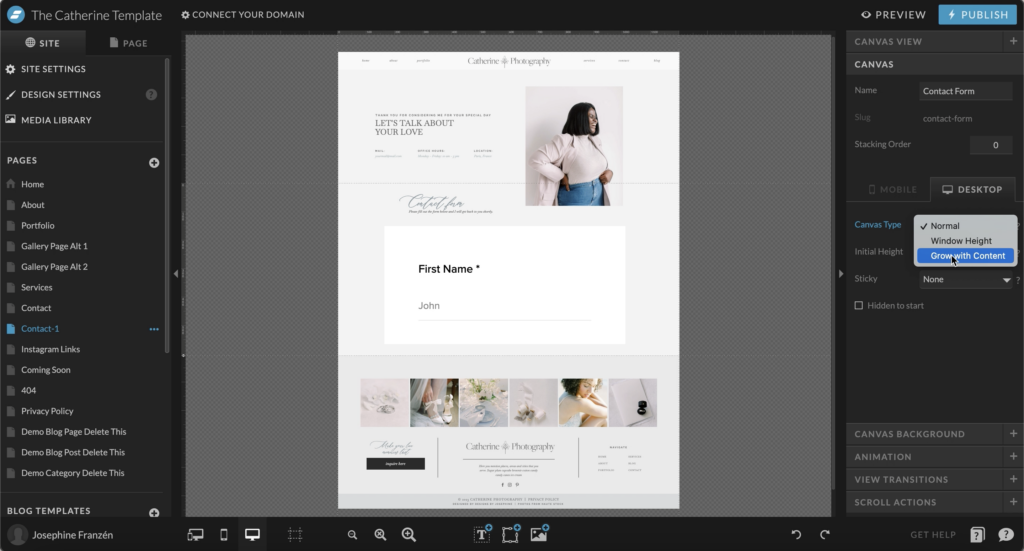 Make sure the page on your Showit website will grow and get the exact length as your contact form connected to Pixieset Studio Manager