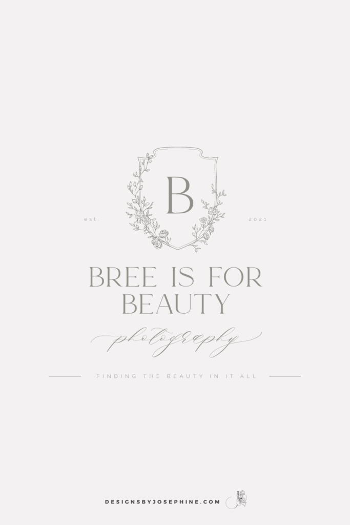 A custom logo for motherhood photographer Bress is for Beauty Photography—a crest logo with hand-drawn roses and a rose pattern.