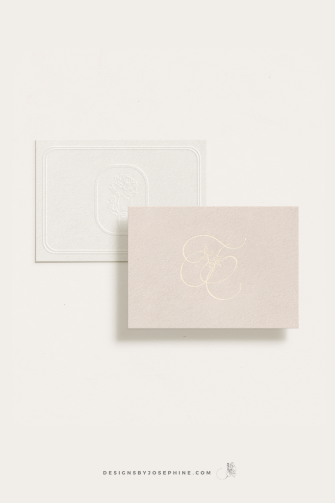 Business card with embossed effect with the custom brand in blush and gold colors with peonies and script letters created for wedding photographer Tori Claire