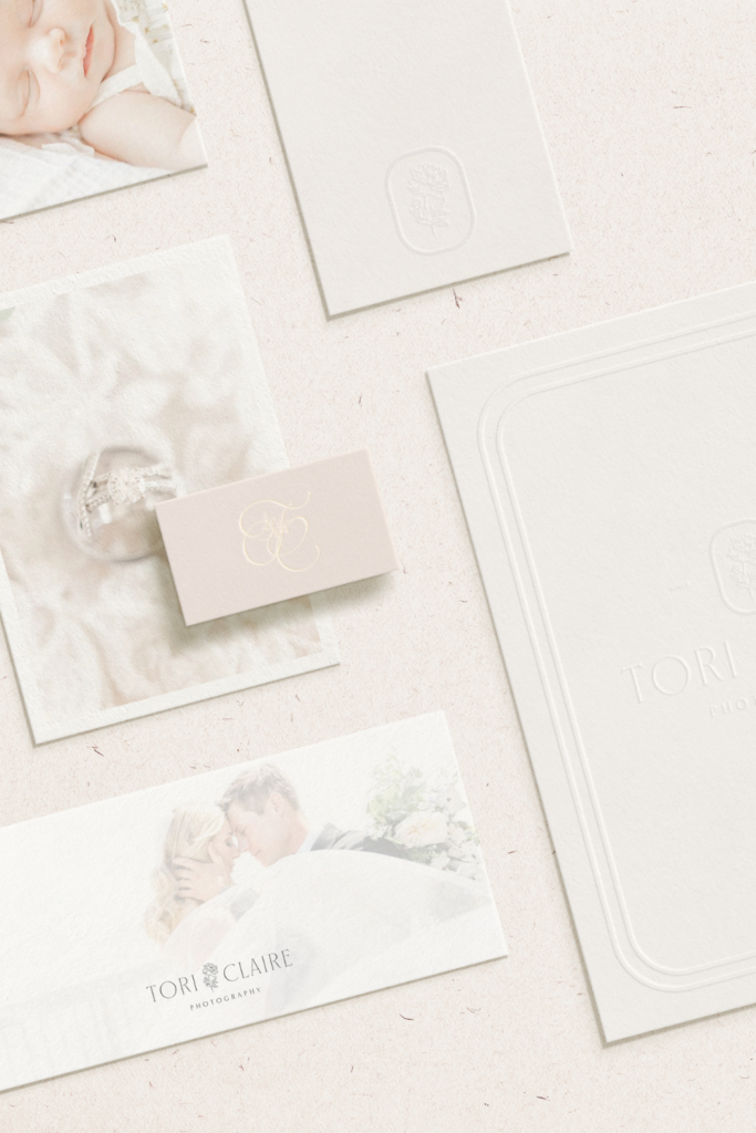 A custom brand with a romantic feelings in blush colors with peonies and script letters created for wedding photographer Tori Claire