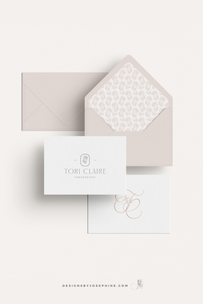 A custom brand with a romantic feelings in blush colors with peonies and script letters created for wedding photographer Tori Claire