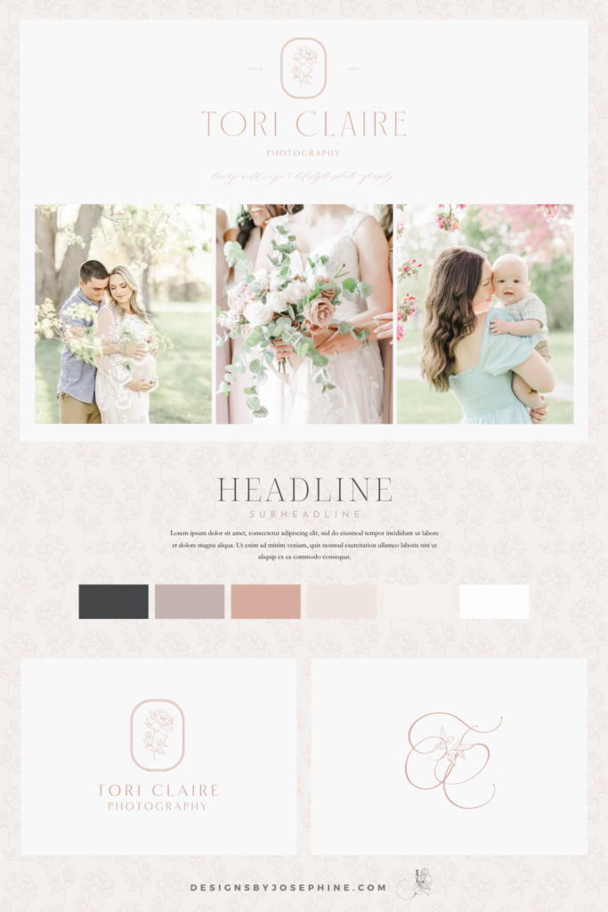 A romantic brand in blush colors with peonies and script letters created for wedding photographer Tori Claire