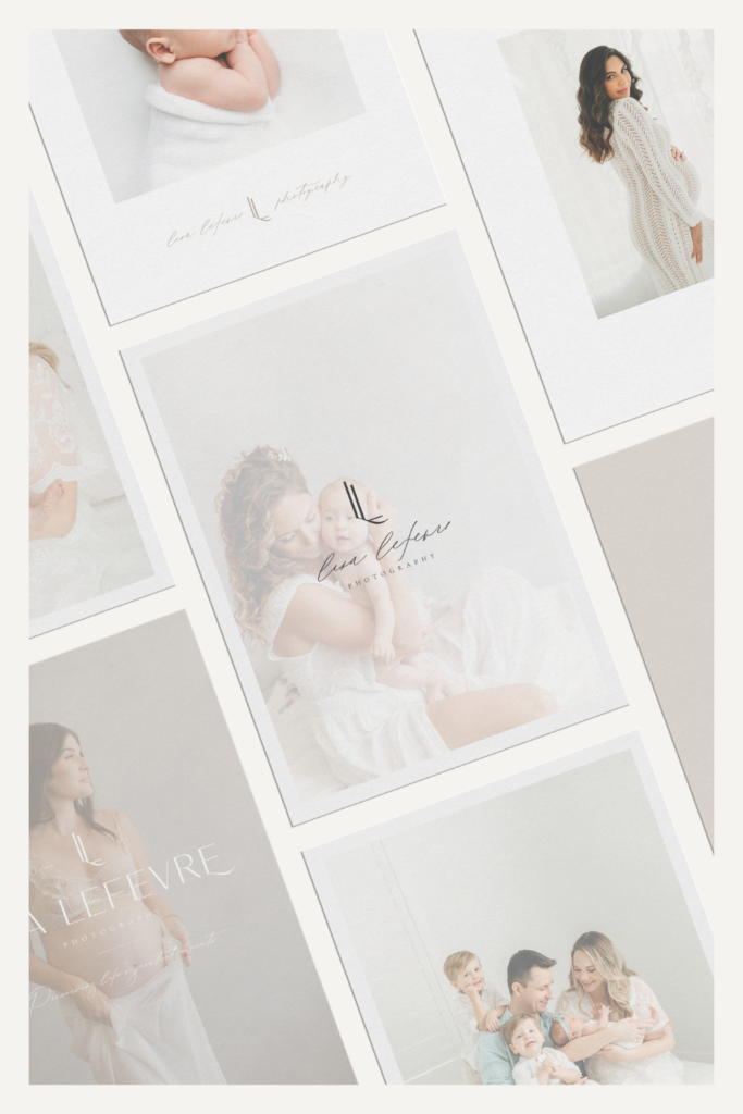 Brand Mood board for a newborn photographer with light and soft colors to create a luxery and high end vibe.