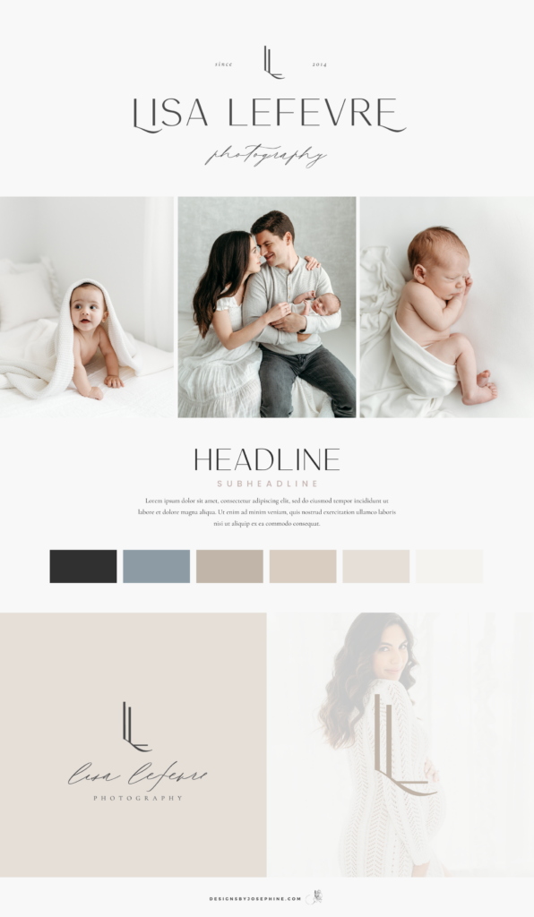 Brand board showing the colors, fonts and logos for a Newborn Photographer. It's earthy colors giving a calm feeling as well as it's much white to create a luxery feeling going with the simple feeling of her new logos