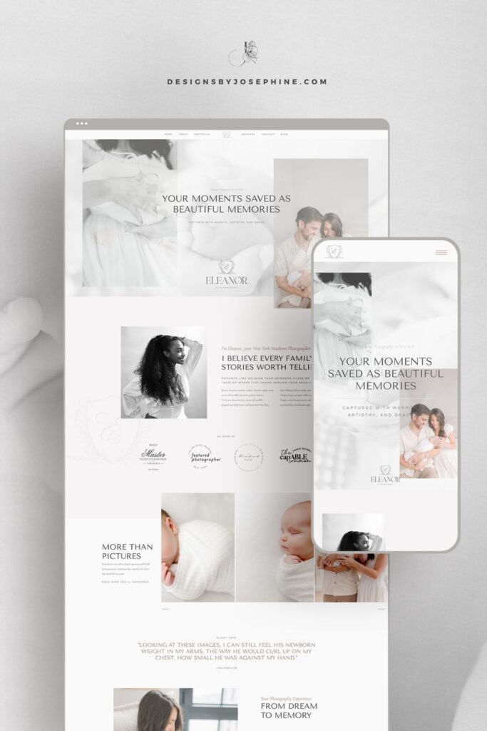 Complete Eleanor Showit template layout featuring dedicated sections for maternity and newborn photography services