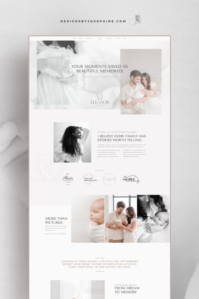 The Eleanor Showit template for motherhood photographers features SEO-optimization, converting copy examples, and an elegant blush and white design. Perfect for maternity, newborn and family photography websites.