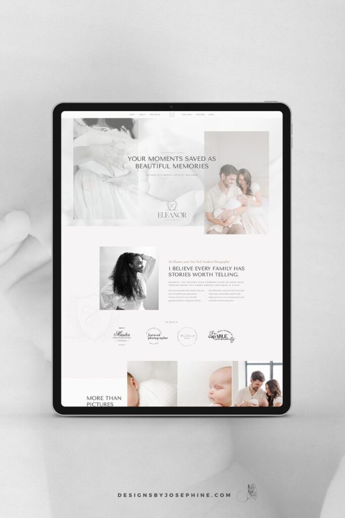 Eleanor Showit template homepage preview showing minimal design for motherhood photographers in blush and white