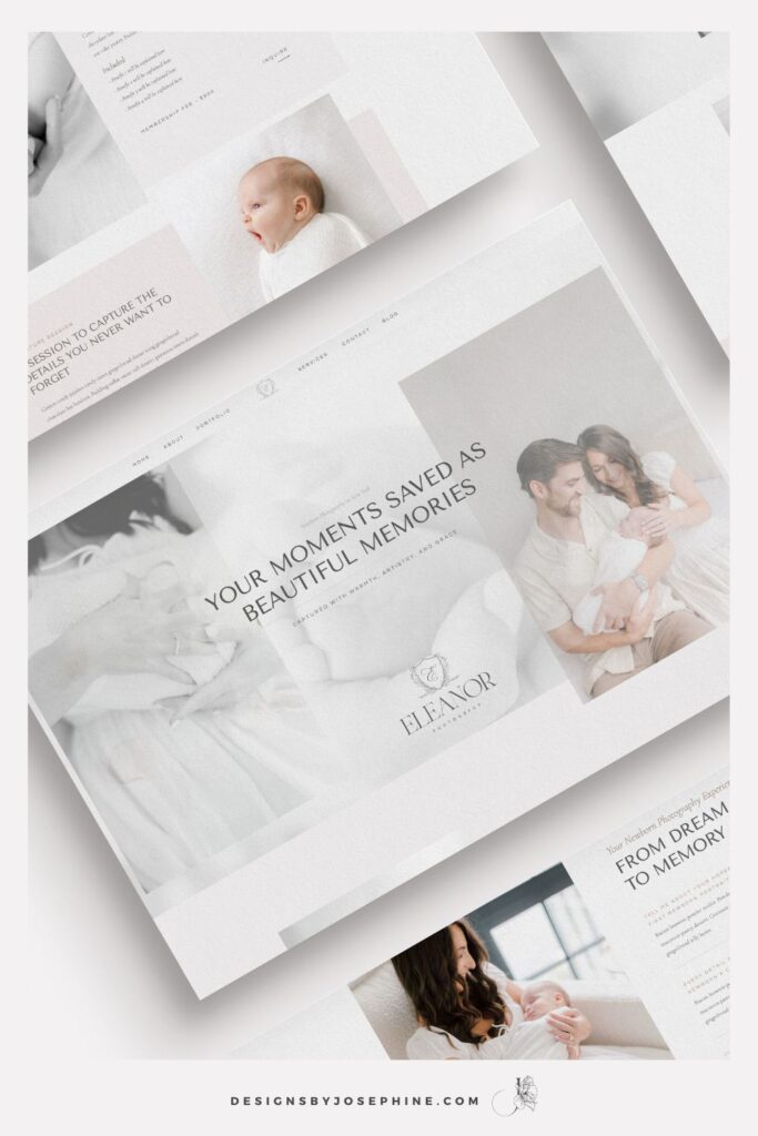 Eleanor Showit template homepage preview showing minimal design for motherhood photographers in blush and white