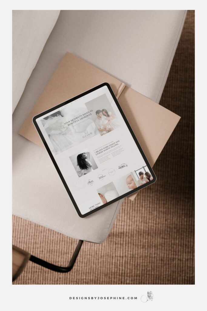 The Eleanor Showit template for motherhood photographers features SEO-optimization, converting copy examples, and an elegant blush and white design. Perfect for maternity, newborn and family photography websites.