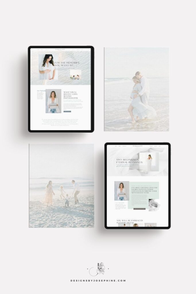 Mockup of Michelle Popp Photography’s custom Showit website design for a motherhood photographer, featuring soft beach-inspired branding with green, blue, and beige tones. The homepage and inner pages highlight maternity, newborn, and family photography with elegant layouts, flowing text, and heartfelt copy.