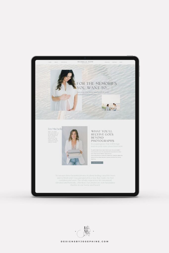 Mockup of Michelle Popp Photography’s custom Showit website design for a motherhood photographer, featuring soft beach-inspired branding with green, blue, and beige tones. The homepage and inner pages highlight maternity, newborn, and family photography with elegant layouts, flowing text, and heartfelt copy.