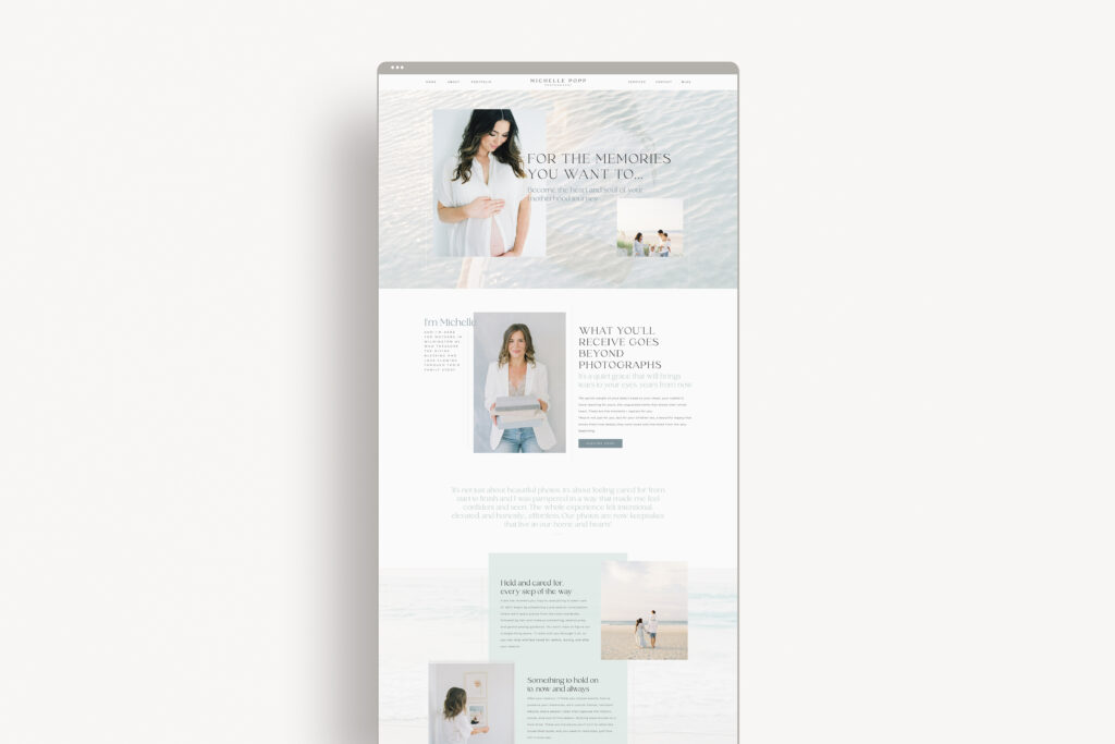 Mockup of Michelle Popp Photography’s custom Showit website design for a motherhood photographer, featuring soft beach-inspired branding with green, blue, and beige tones. The homepage and inner pages highlight maternity, newborn, and family photography with elegant layouts, flowing text, and heartfelt copy.