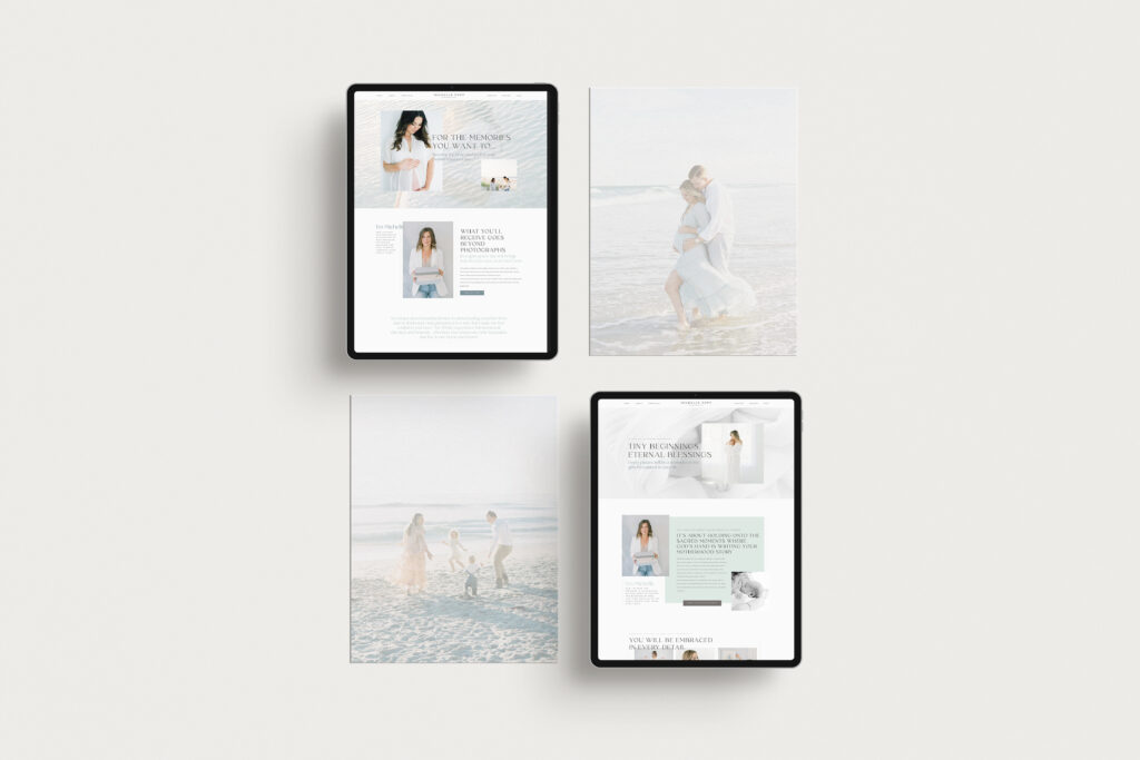Mockup of Michelle Popp Photography’s custom Showit website design for a motherhood photographer, featuring soft beach-inspired branding with green, blue, and beige tones. The homepage and inner pages highlight maternity, newborn, and family photography with elegant layouts, flowing text, and heartfelt copy.