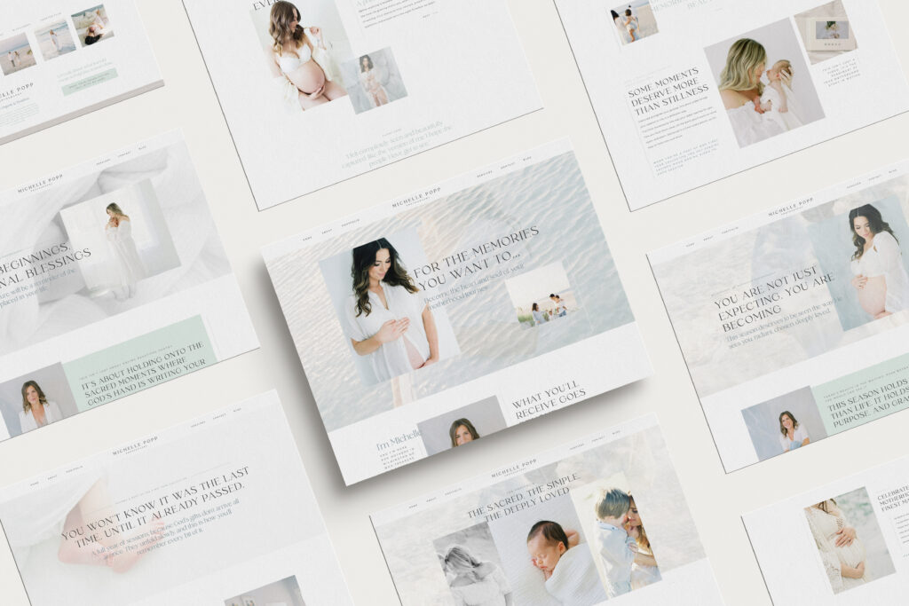 Mockup of Michelle Popp Photography’s custom Showit website design for a motherhood photographer, featuring soft beach-inspired branding with green, blue, and beige tones. The homepage and inner pages highlight maternity, newborn, and family photography with elegant layouts, flowing text, and heartfelt copy.