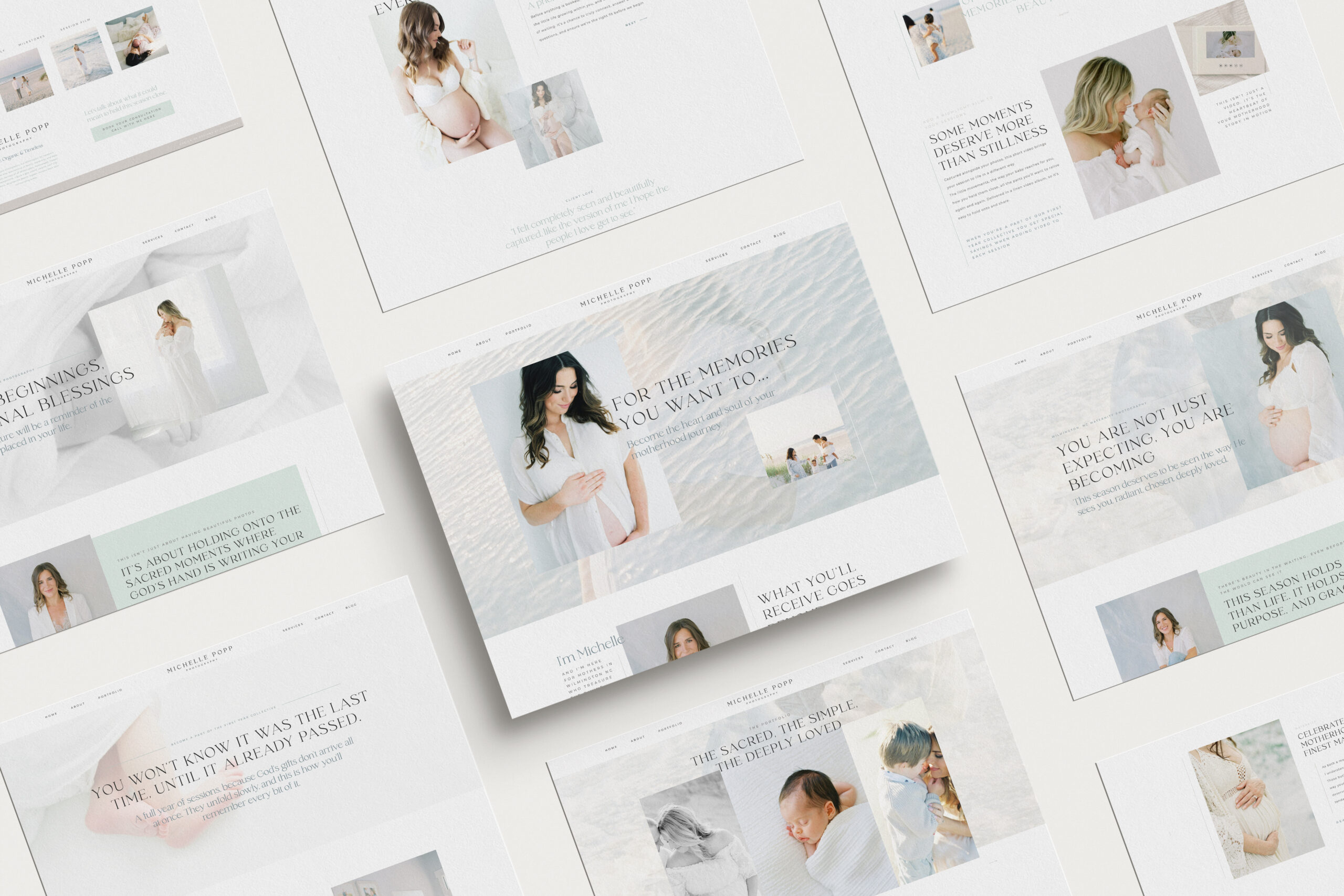 Mockup of Michelle Popp Photography’s custom Showit website design for a motherhood photographer, featuring soft beach-inspired branding with green, blue, and beige tones. The homepage and inner pages highlight maternity, newborn, and family photography with elegant layouts, flowing text, and heartfelt copy.