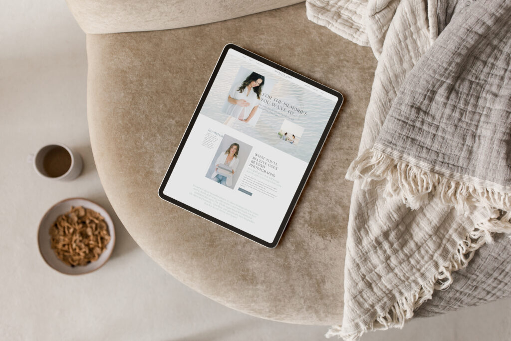 Mockup of Michelle Popp Photography’s custom Showit website design for a motherhood photographer, featuring soft beach-inspired branding with green, blue, and beige tones. The homepage and inner pages highlight maternity, newborn, and family photography with elegant layouts, flowing text, and heartfelt copy.