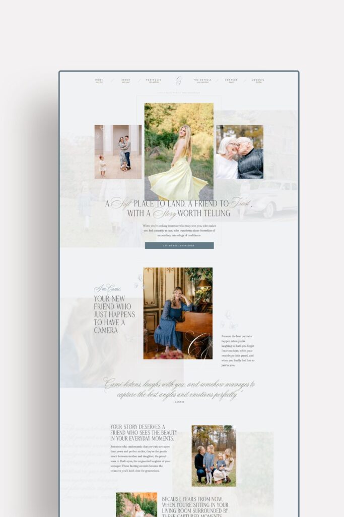 Custom Showit website design for photographer Cami Jones highlighting her elegant brand colors, romantic typography, and timeless Bridgerton-inspired layout.
