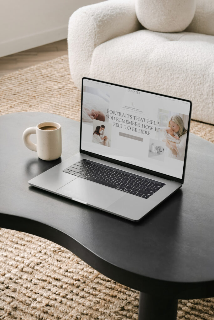 Showit website template for newborn, maternity, and family photographers, displayed as a homepage layout with soft colors, motherhood photography, and content-rich sections.