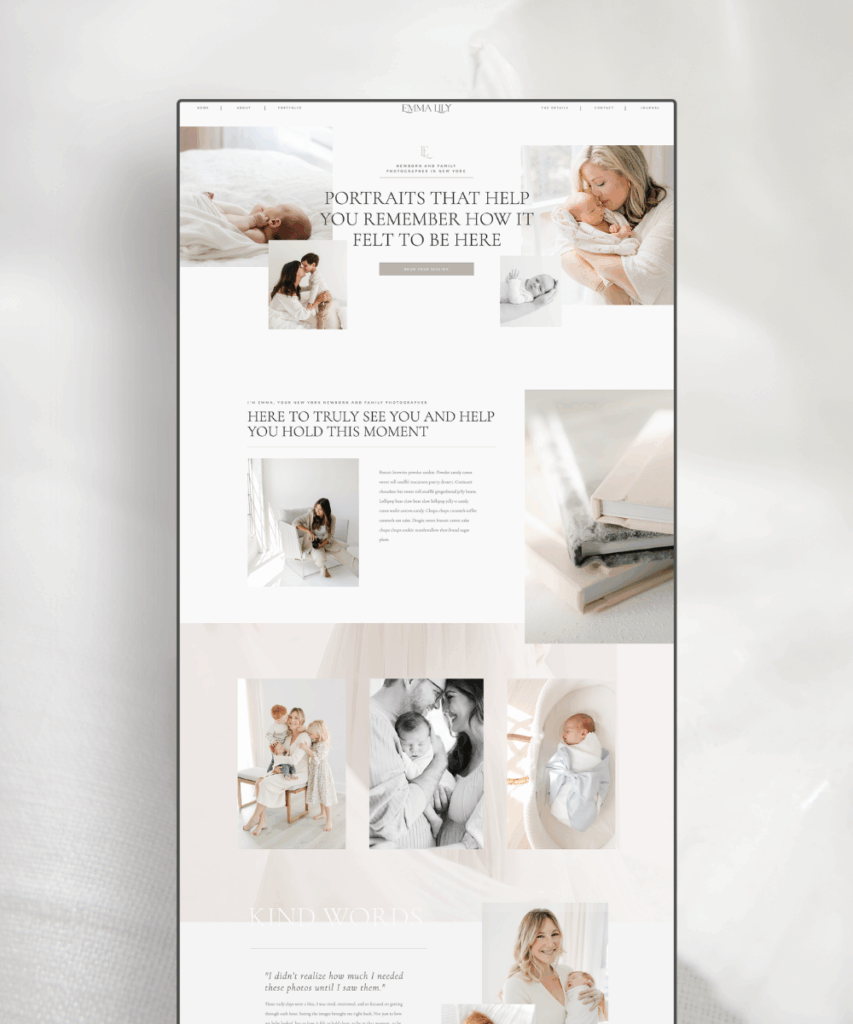 Homepage preview of a Showit website template for newborn and motherhood photographers, featuring soft layouts with newborn, family, and maternity photography in light, neutral tones.