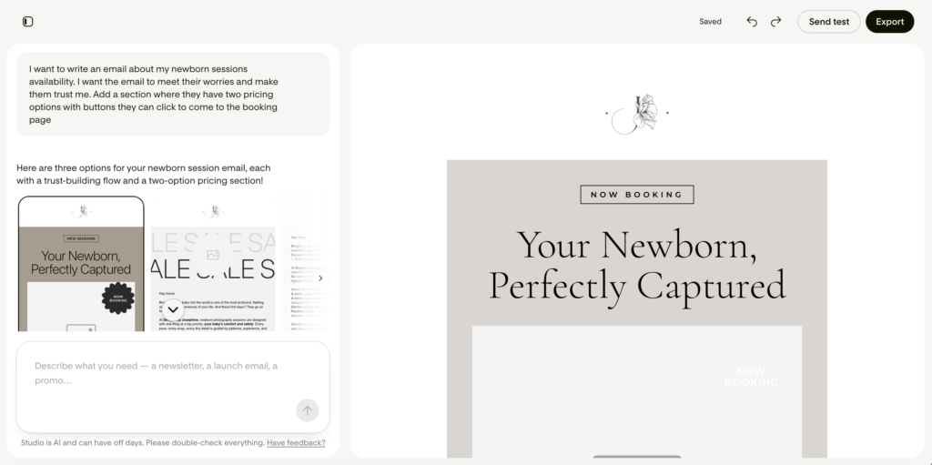 Step two: The email creation - How to use Flodesk Studio as a newborn photographer